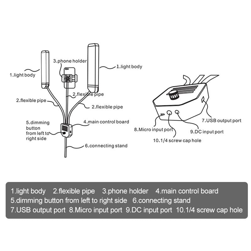 Portable Double Arm Fill Light With Phone Clip - Adjustable Brightness Black-1915196673634734089