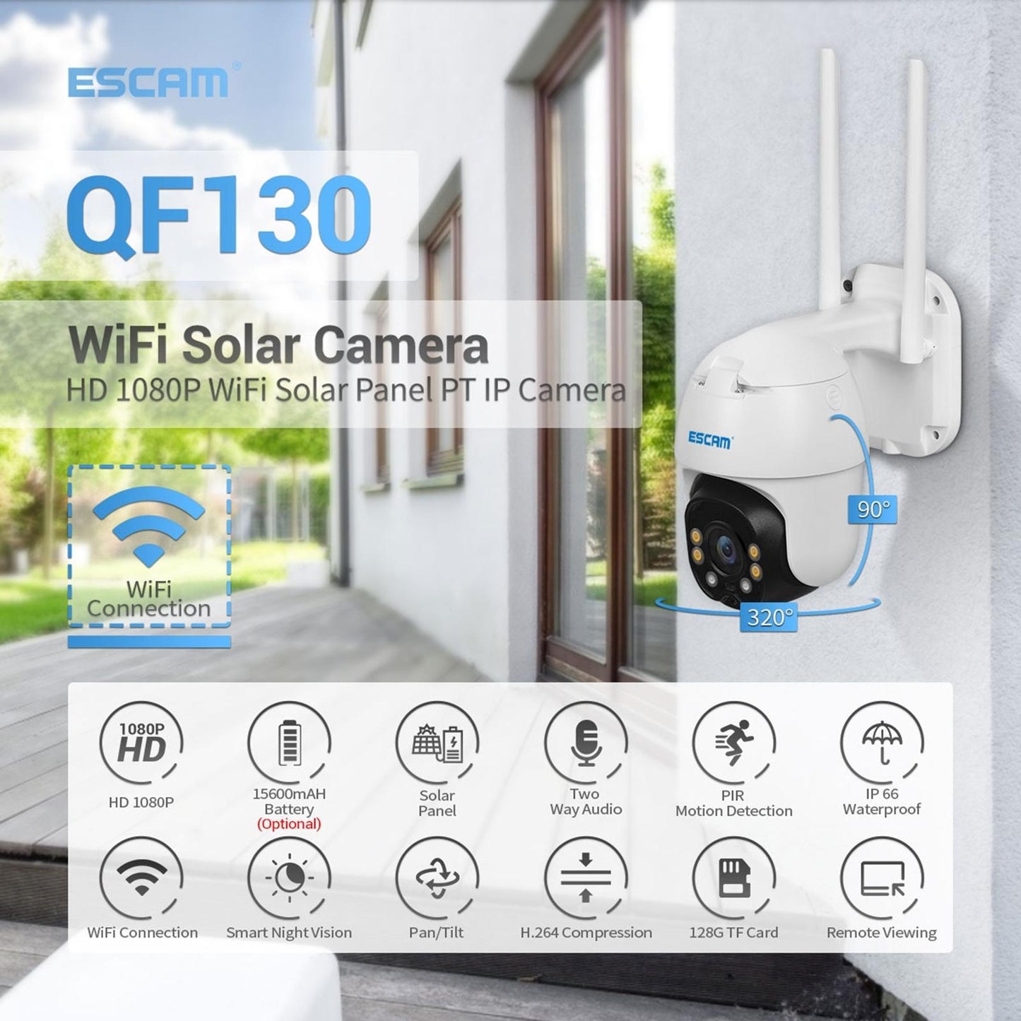 Waterproof Wifi Solar Camera With Night Vision & Motion Detection & Two-Way Audio & Ptz Control-1915197408518737926