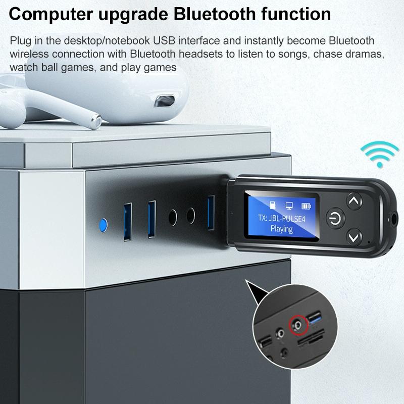 2-In-1 Usb Car Bluetooth 5.0 Audio Adapter With Lcd Screen-1915197639671025669