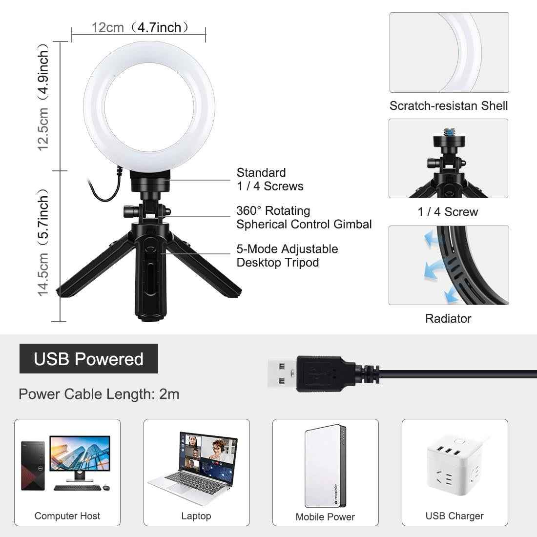 Usb 3 Modes Dimmable Led Ring Light & Pocket Tripod Kit With Cold Shoe Ball Head - 4.7 Inch Diameter-1915196489974550529