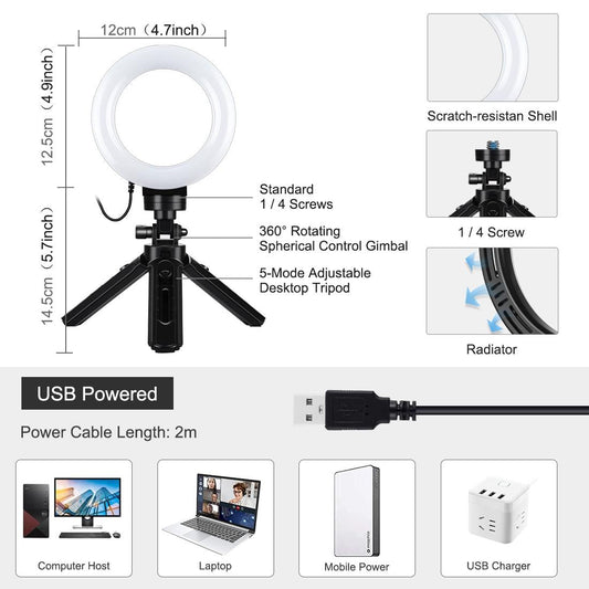 Usb 3 Modes Dimmable Led Ring Light & Pocket Tripod Kit With Cold Shoe Ball Head - 4.7 Inch Diameter-1915196489974550529