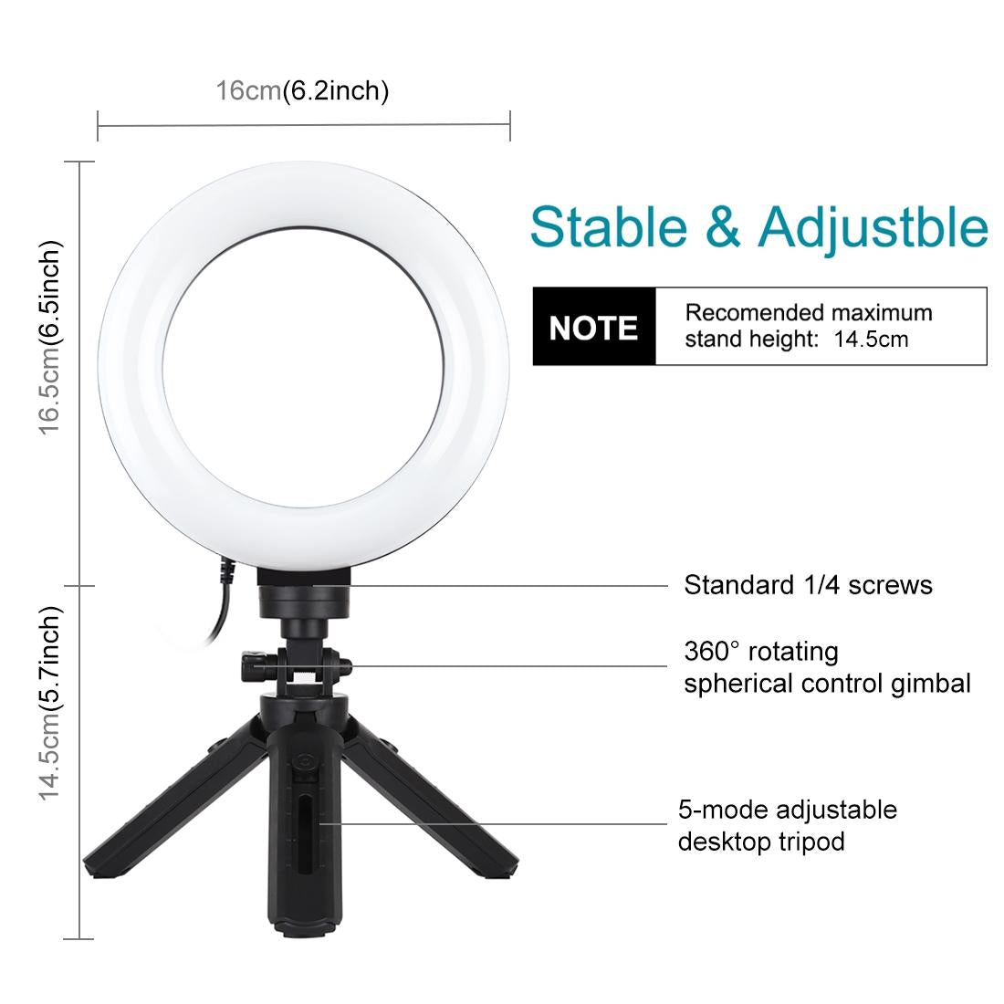 6.2 Led Ring Light With Usb 3 Modes Dimmable Vlogging Photography Video Pocket Tripod Mount Cold Shoe Ball Head Black-1915196506592382980