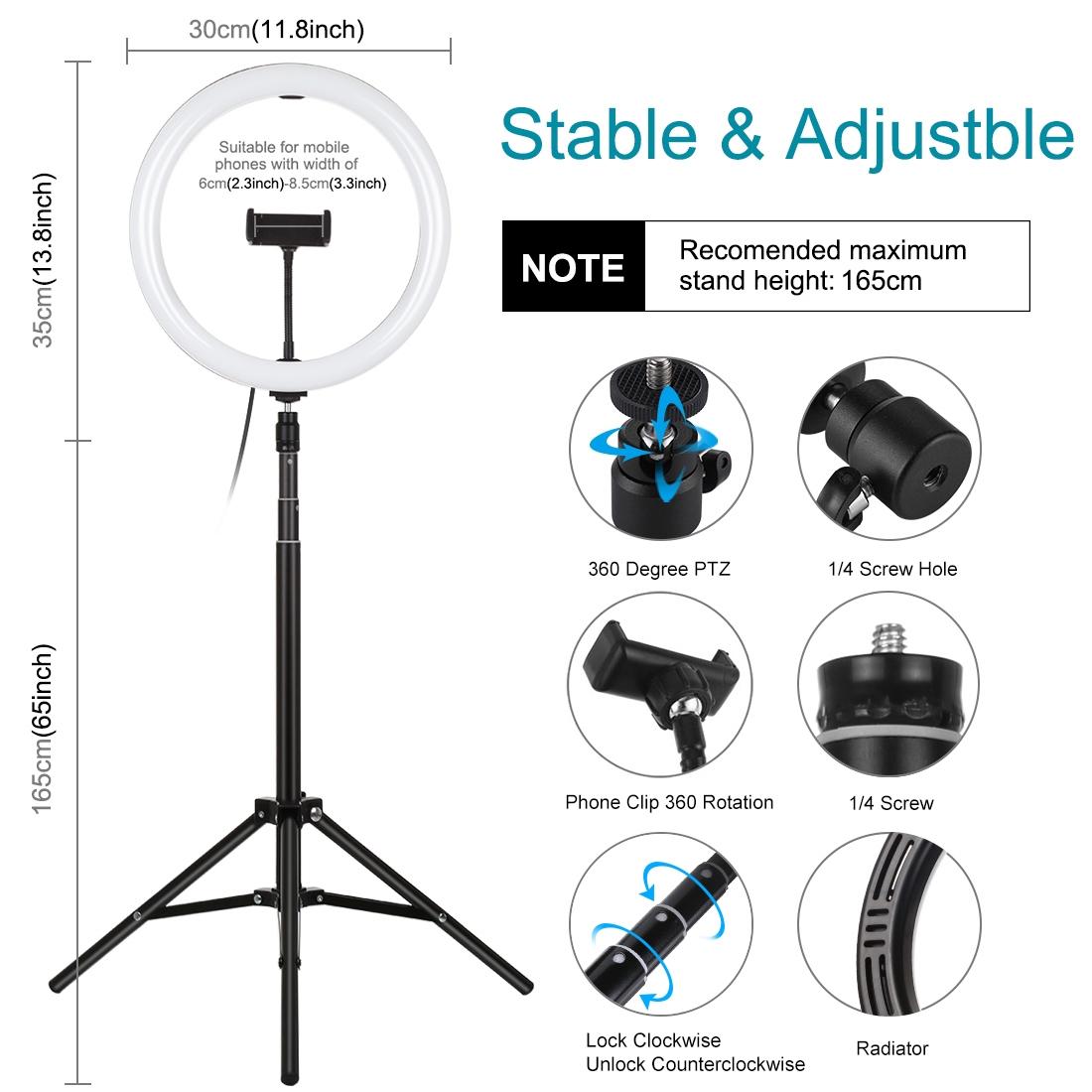 11.8 Led Ring Light With Tripod And Phone Clamp - 3 Modes Dual Colour Temperature Dimmable - Black-1915196705314312196