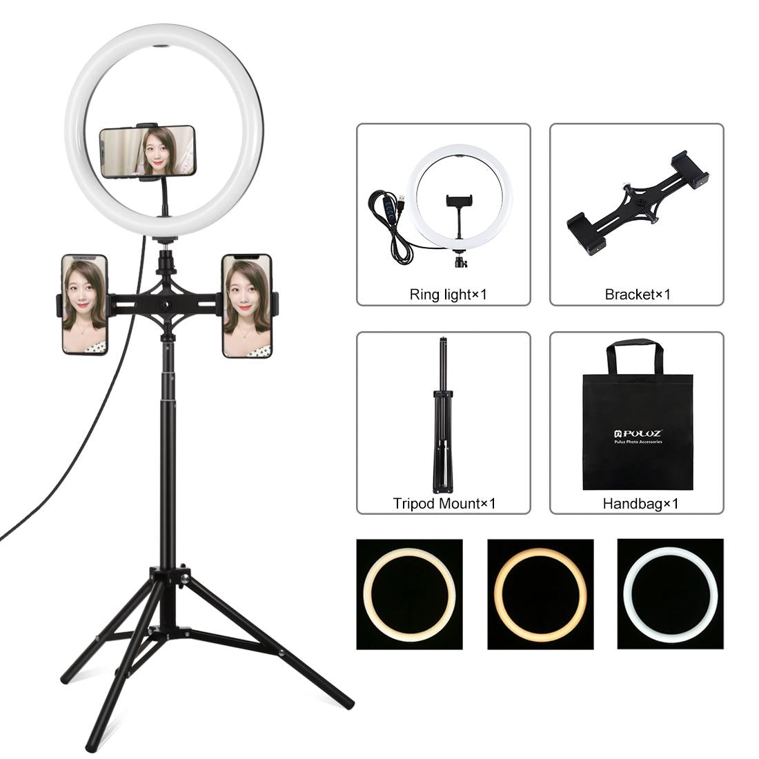 11.8 Led Ring Light Kit With Tripod & Dual Phone Bracket - 3 Modes Dual Colour Temperature Usb Live Broadcast - Black-1915196721982476288