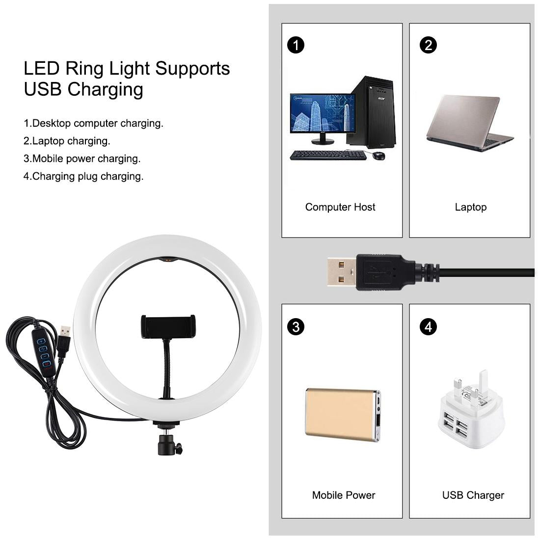 10.2 26Cm Ring Light Kit With Tripod Usb 3 Modes Dual Colour Phone Clamp Remote - Black-1915196770636402693