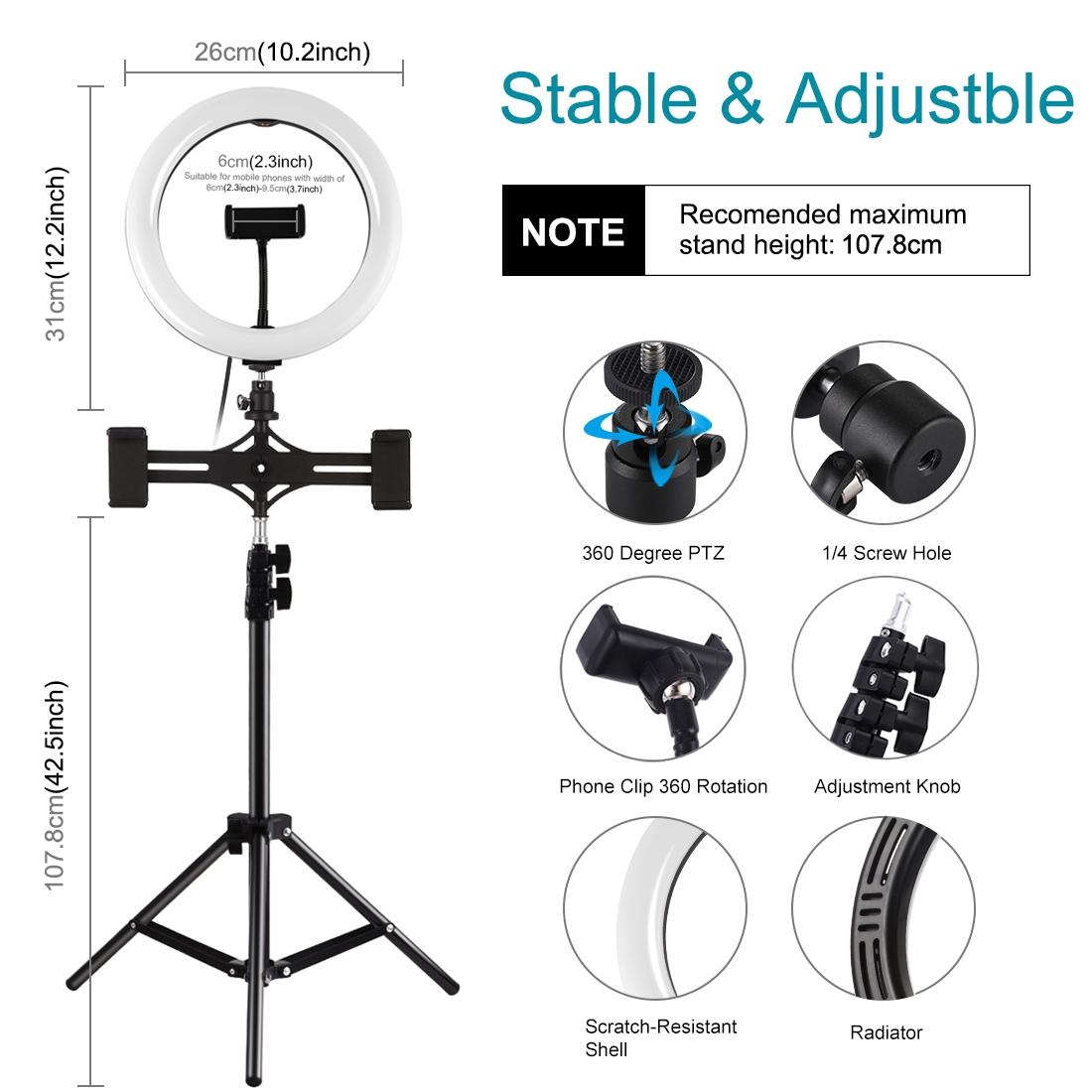 10.2 Led Ring Light With Tripod & Dual Phone Brackets - Usb Dimmable Dual Colour Temperature Selfie Remote - Black-1922443471784906757