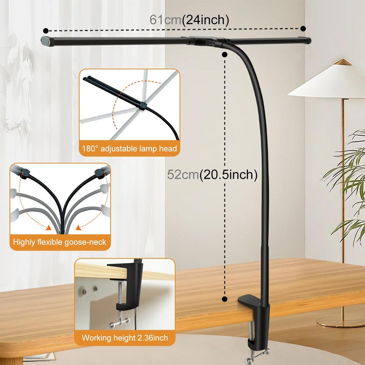 Double Head Clip Desk Lamp With Gooseneck Tube Led In Black-1915196496245035010