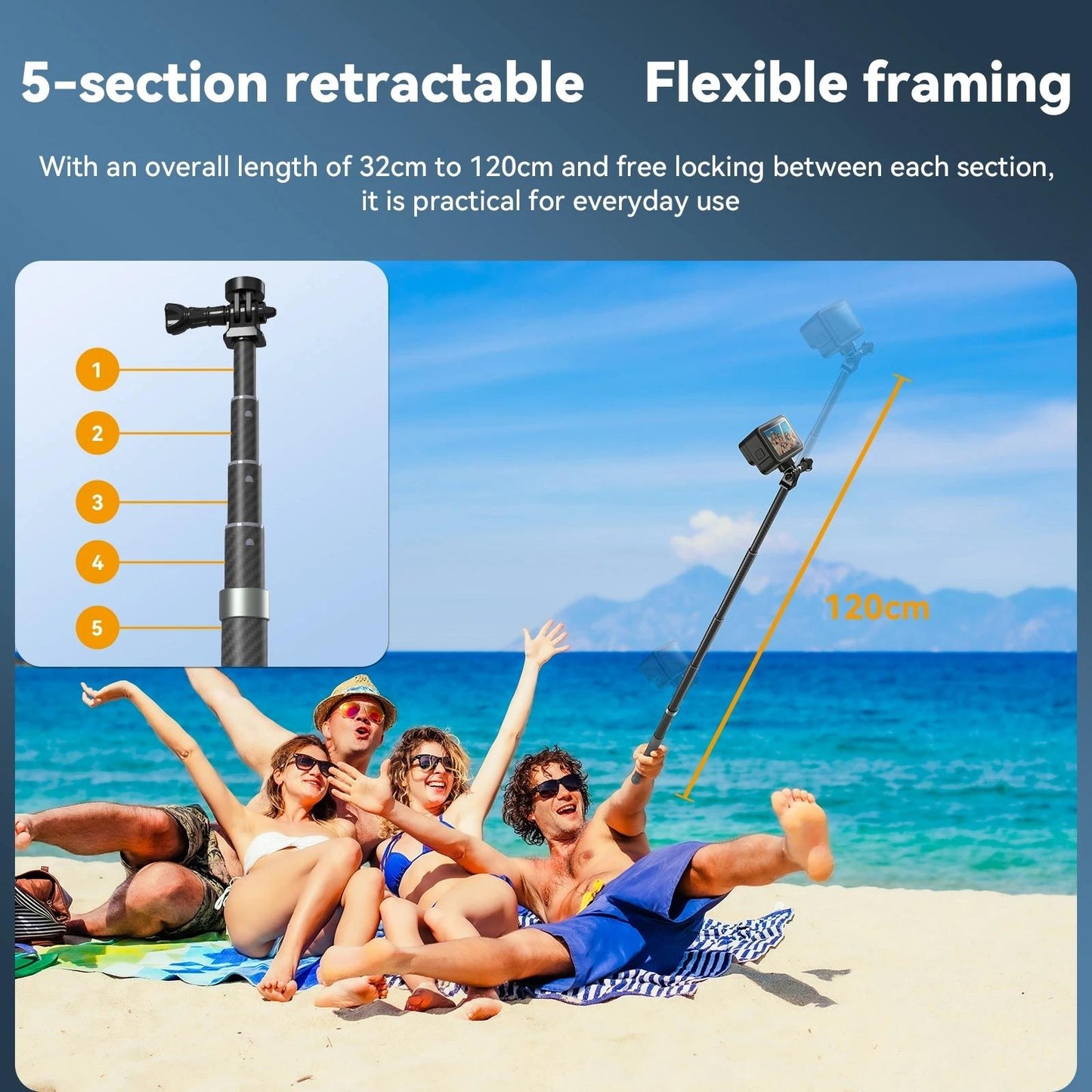 Carbon Fiber Selfie Stick For Action Cameras - 1 / 4 Screw-1915197582666240005