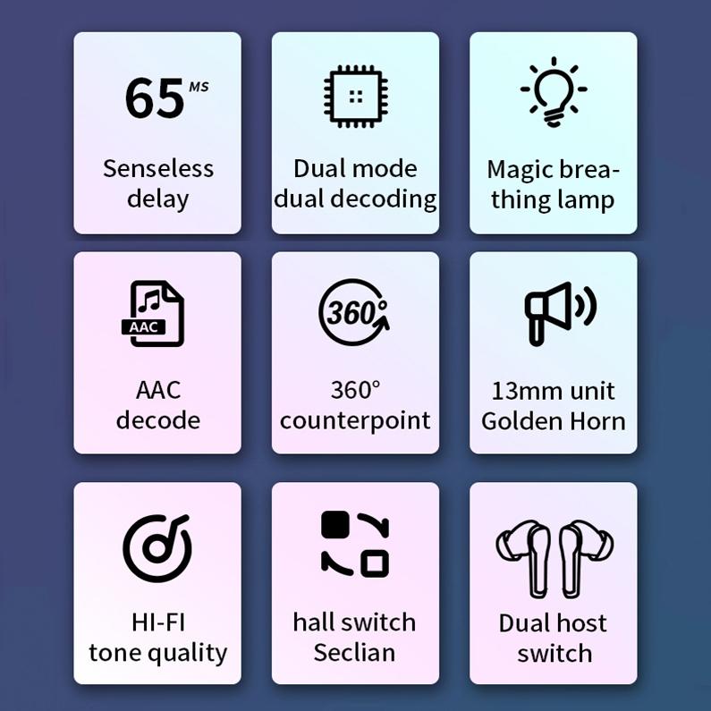 Low Latency Wireless Bluetooth Game Earphones with Colourful Lights - Digital Display