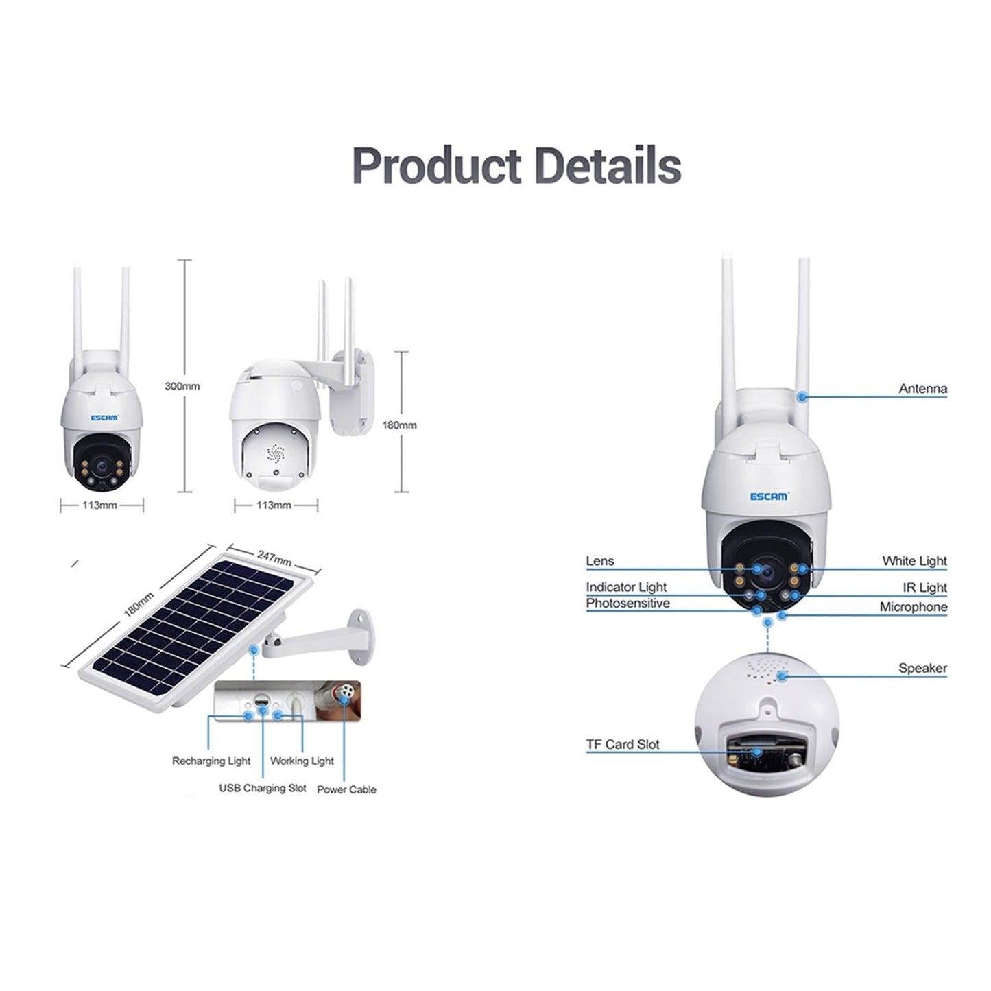 Waterproof Wifi Solar Camera With Night Vision & Motion Detection & Two-Way Audio & Ptz Control