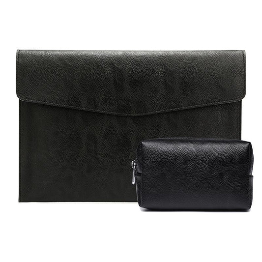 14 Litchi Pattern Laptop Sleeve & Power Bag - Black Leather
