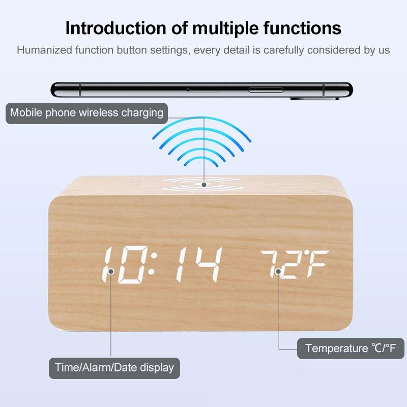 5W Wooden Wireless Charger With Led Mirror Display And Sub Alarm Clock - Bamboo