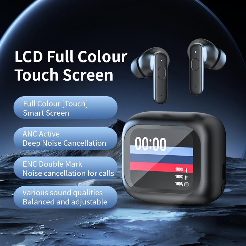 Wireless Bluetooth Earphones with Touch Screen & Noise Reduction - Black