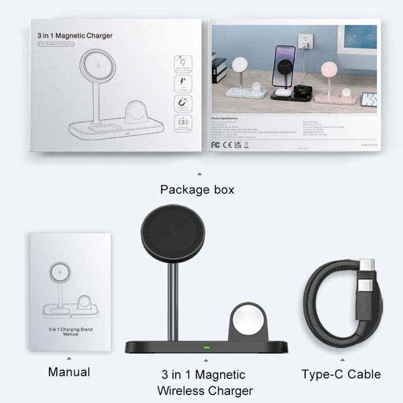 3 In 1 Magnetic Wireless Charger For Iphone & Airpods - White