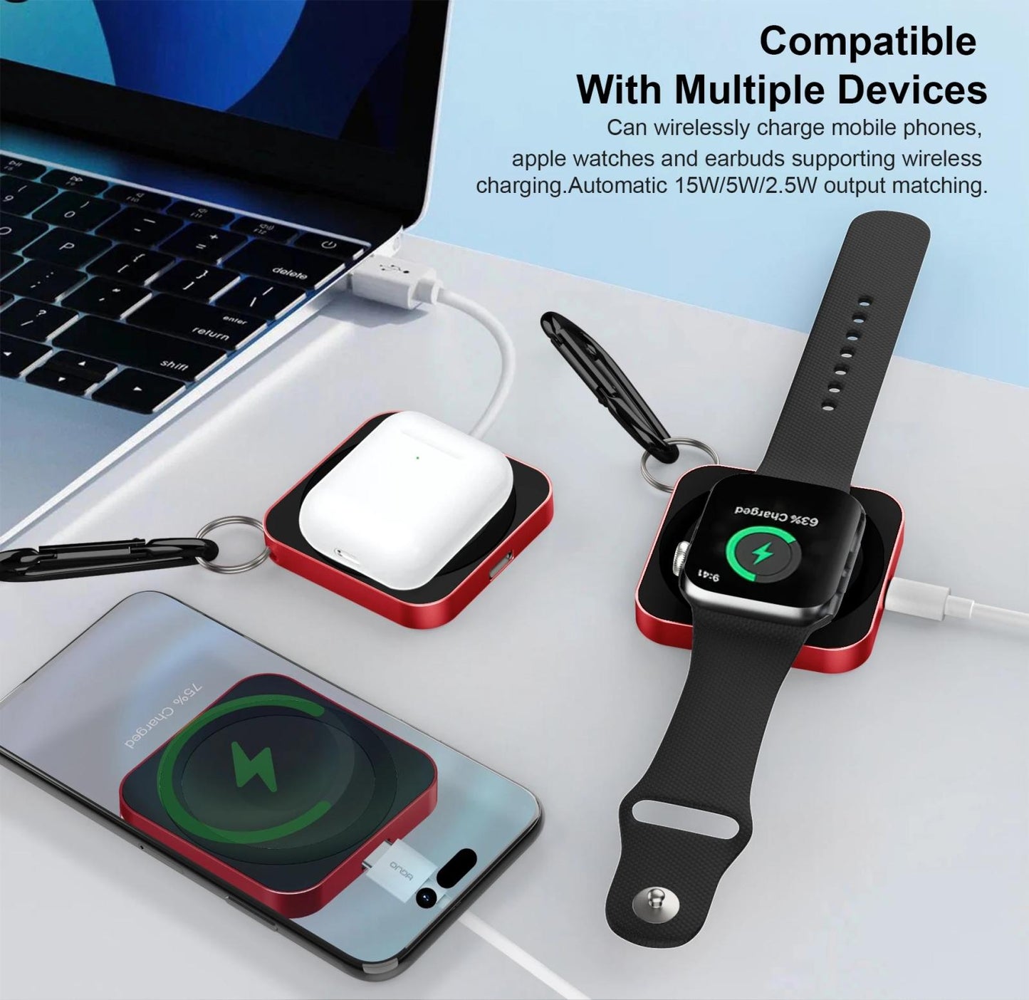 15W 3 In 1 Magnetic Wireless Charger For Smart Devices - Red
