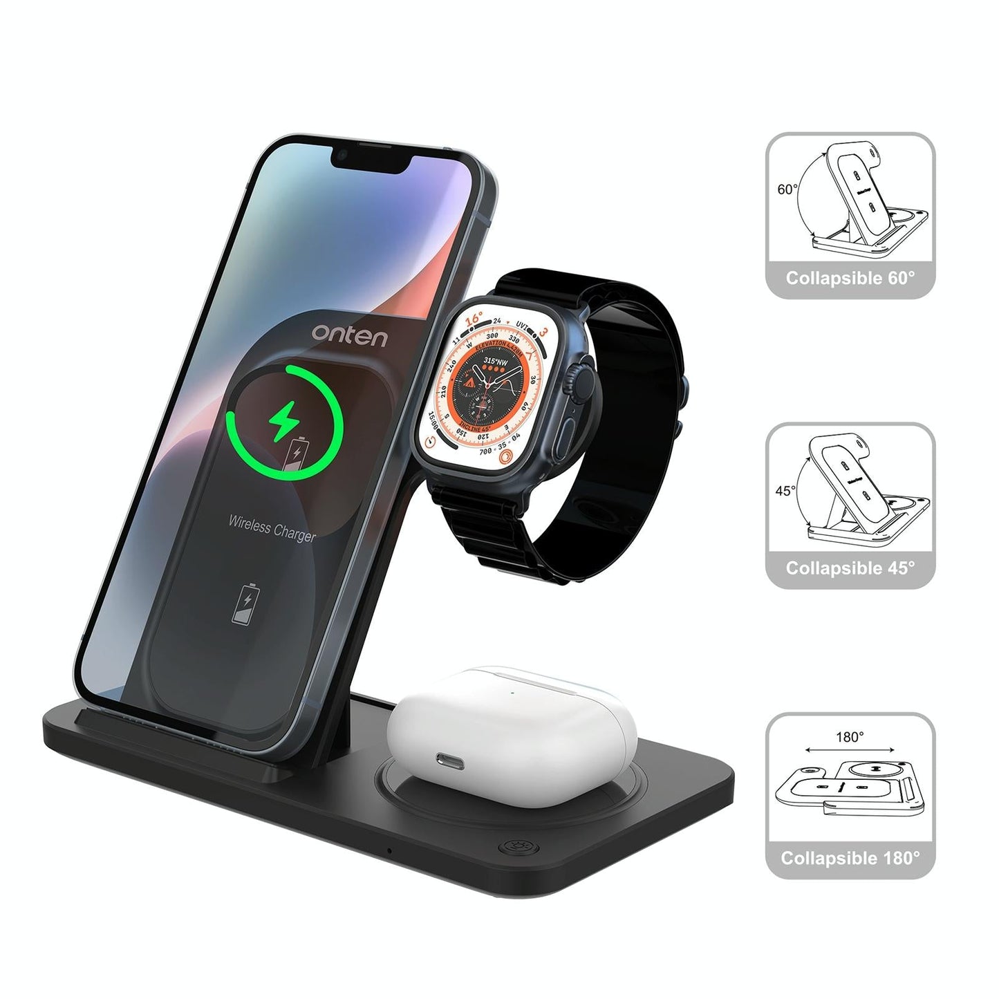 3 In 1 Folding Wireless Charger Black