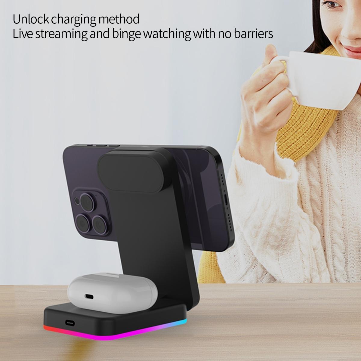 Foldable 3 In 1 Rgb Led Wireless Charger - Black