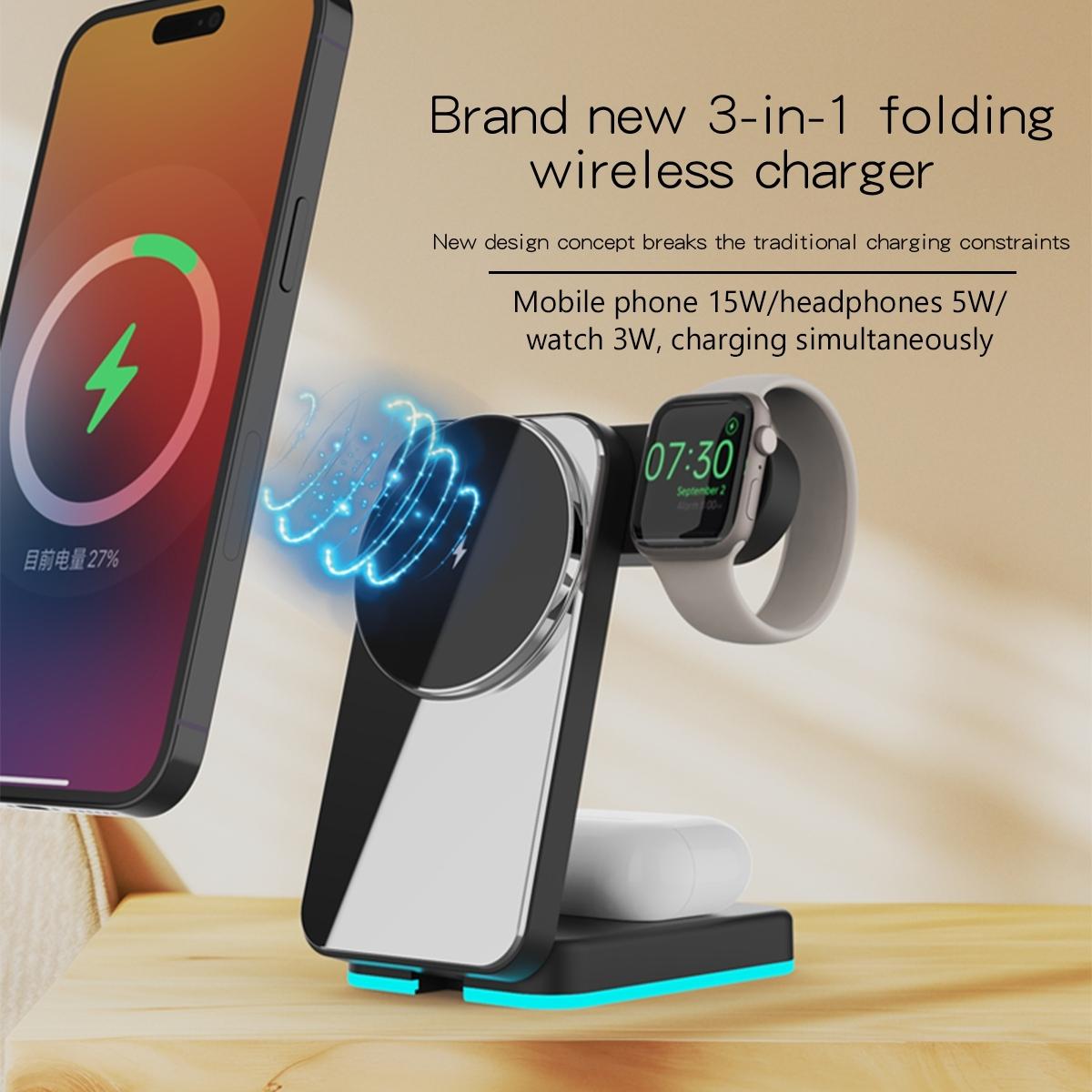 Foldable 3 In 1 Rgb Led Wireless Charger - Black