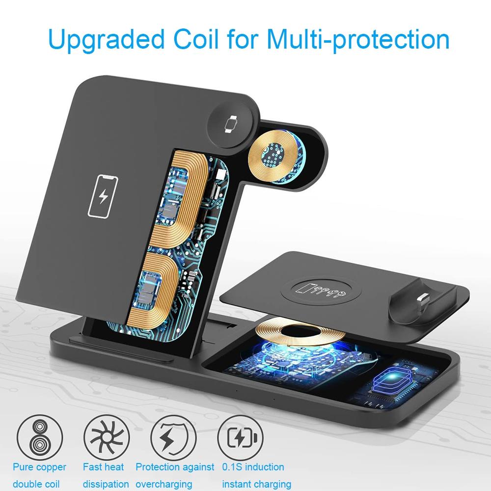 Foldable 4 In 1 Wireless Charger For Mobile Devices - Black