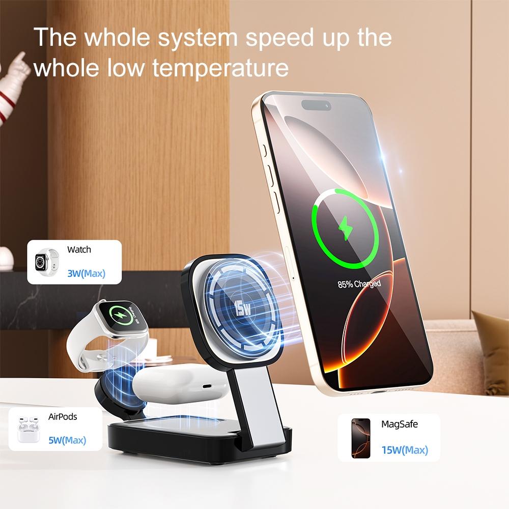 3 In 1 Magnetic Wireless Charger With Led Light - Black