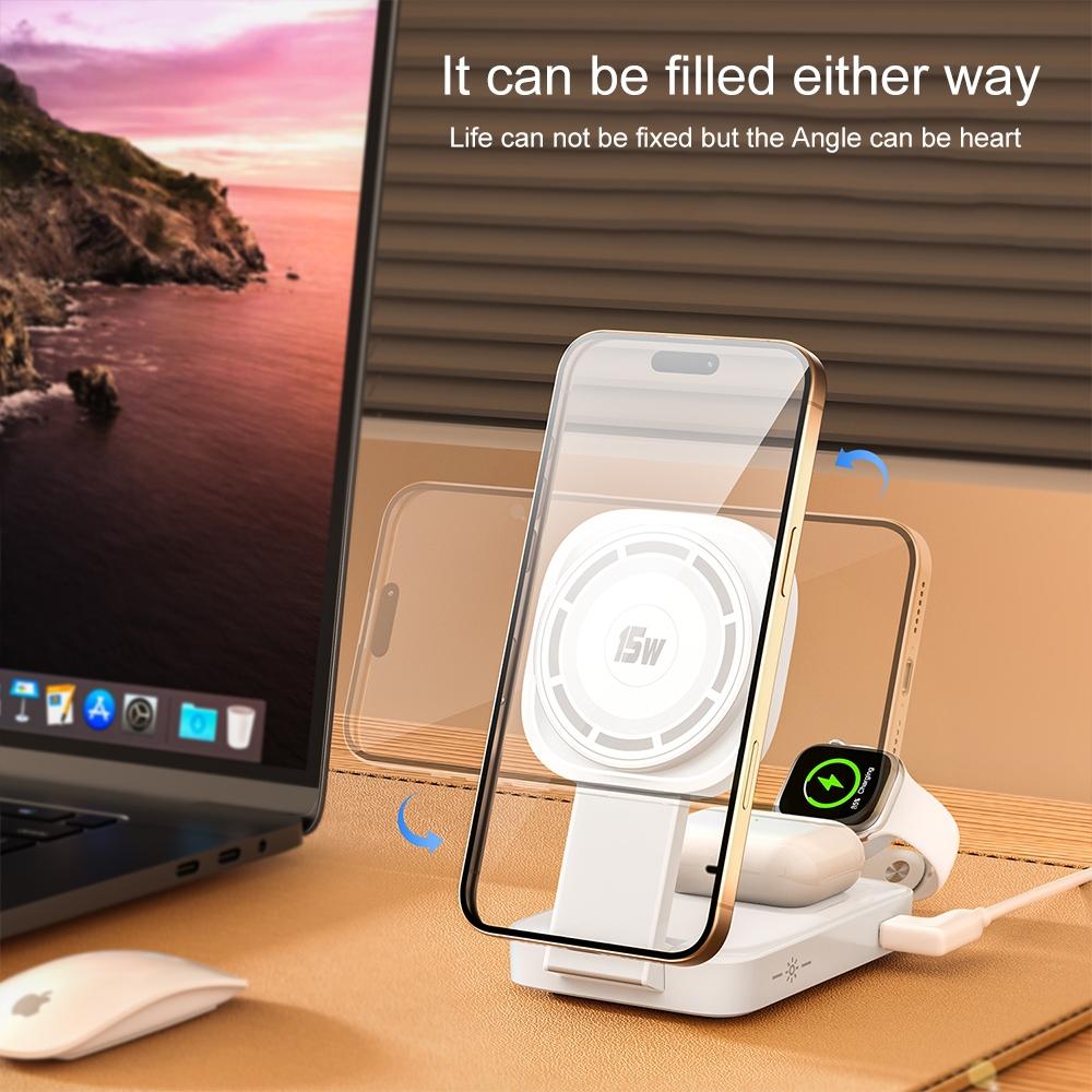 3 In 1 Magnetic Wireless Charger With Led Light - Black