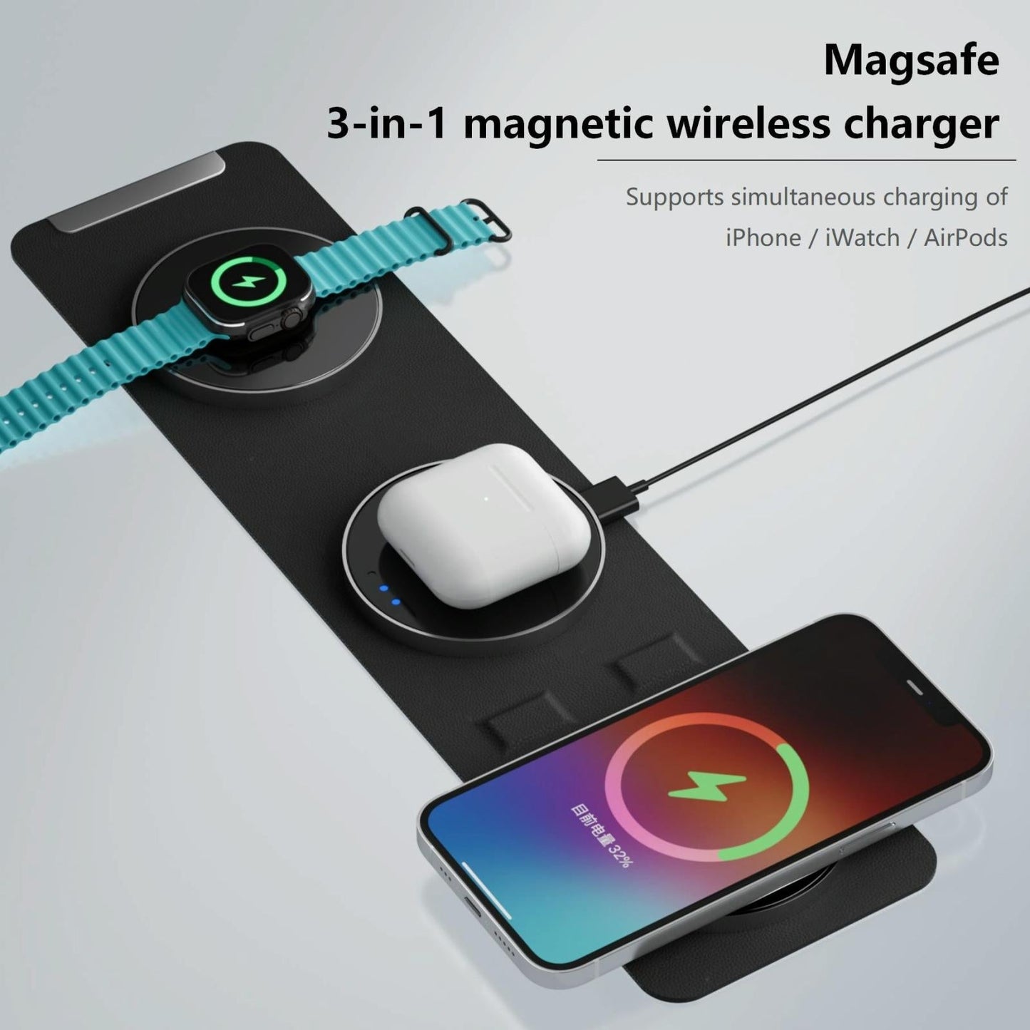 15W 3 In 1 Magnetic Wireless Charger - White