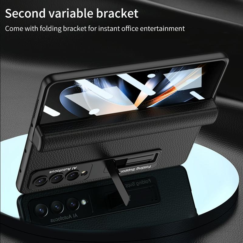 For Samsung Galaxy Z Fold4 5G Leather Phone Case With Foldable Hinge And Holder - Black