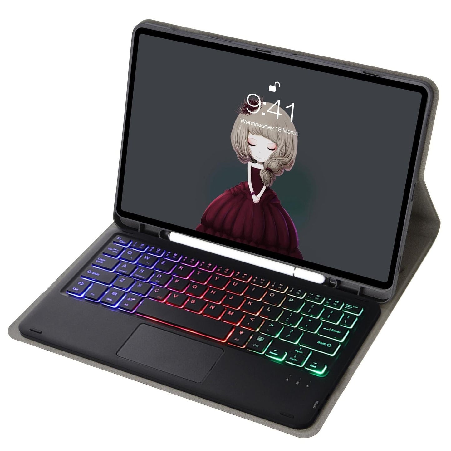 Bluetooth Keyboard Leather Tablet Case For Ipad 9.7 2018 & 2017 / Pro 9.7 / Air 2 With Touch Pad And Pen Slot - Black