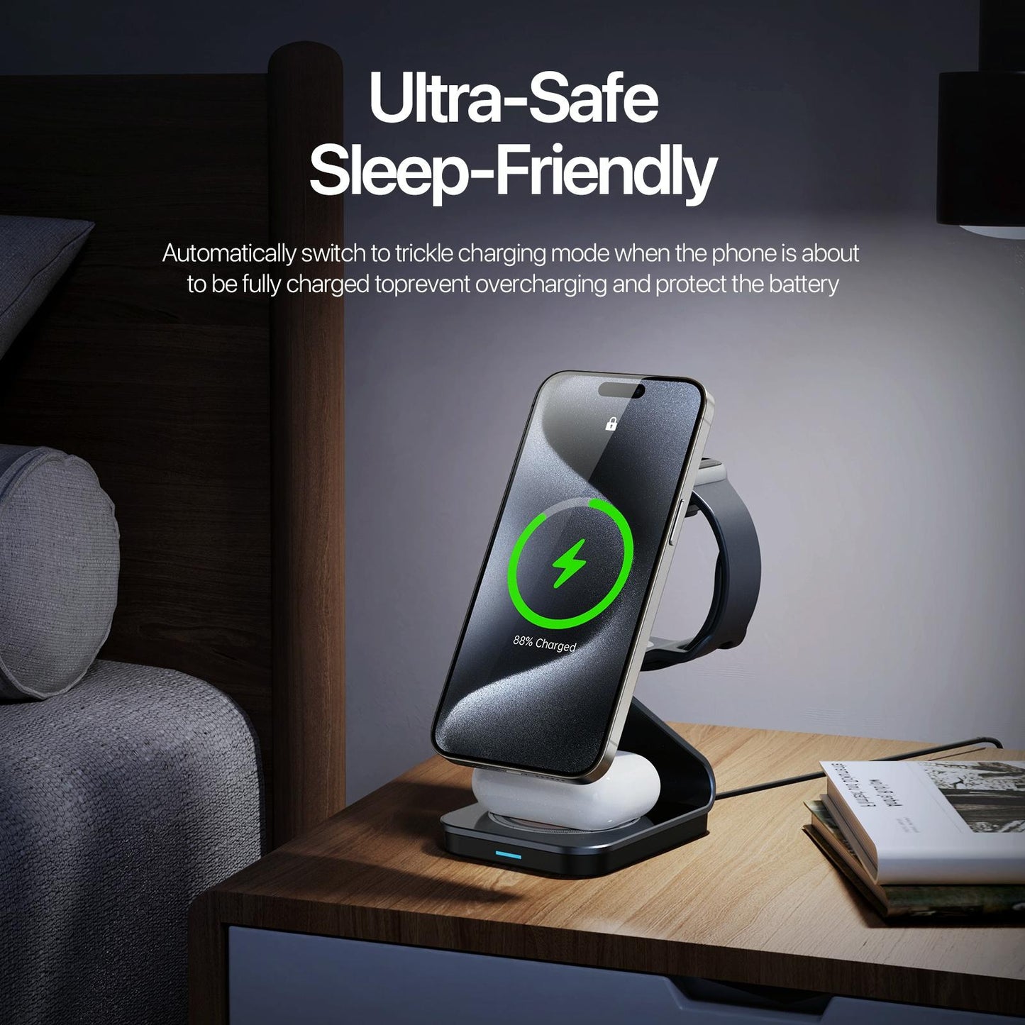 15W 3 In 1 Magnetic Wireless Charger Stand Black