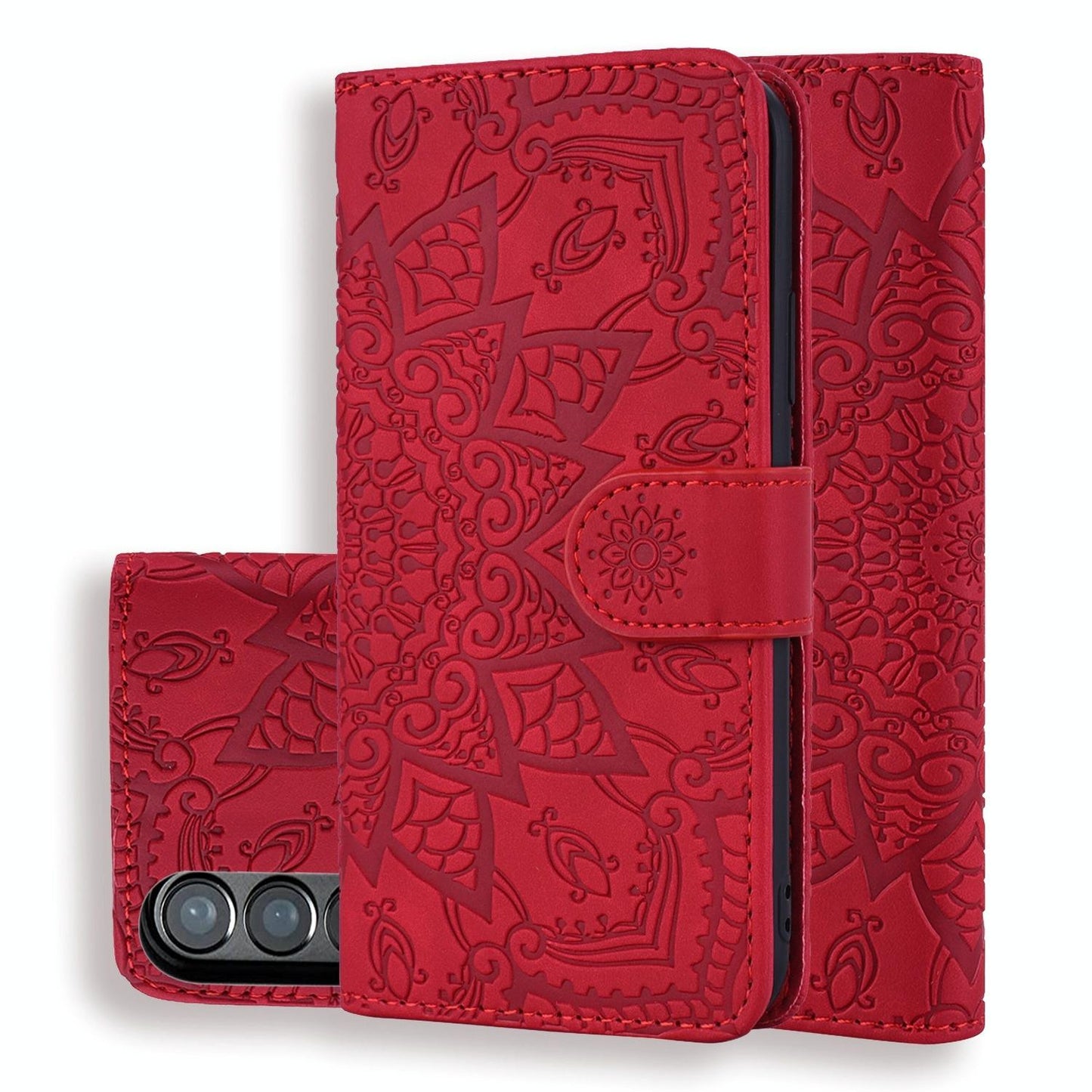 For Samsung Galaxy Z Fold4 5G Dual Fold Mandala Leather Case - Embossed Design - Brown