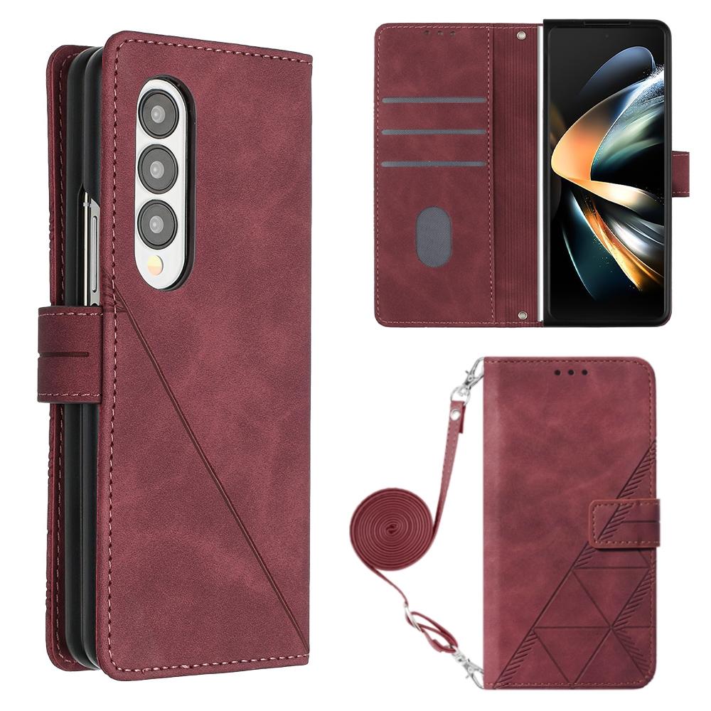 For Samsung Galaxy z Fold4 5G Embossed Leather Flip Crossbody Phone Case - 3d Design - Wine Red