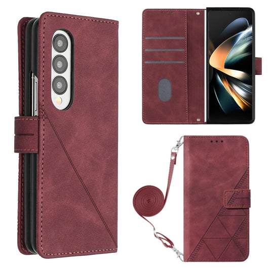 For Samsung Galaxy z Fold4 5G Embossed Leather Flip Crossbody Phone Case - 3d Design - Wine Red