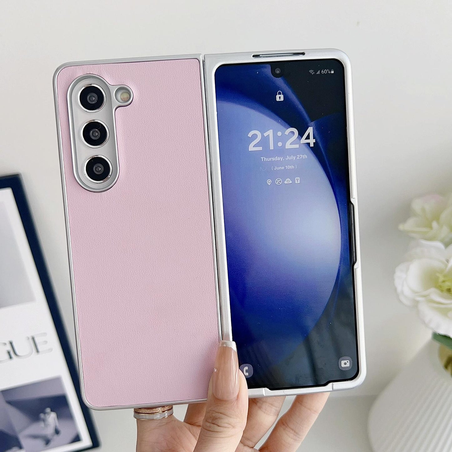 For Samsung Galaxy Z Fold4 5G Shiny Leather Phone Case With Metallic Finish - Pink