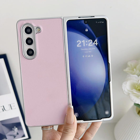 For Samsung Galaxy Z Fold4 5G Shiny Leather Phone Case With Metallic Finish - Pink