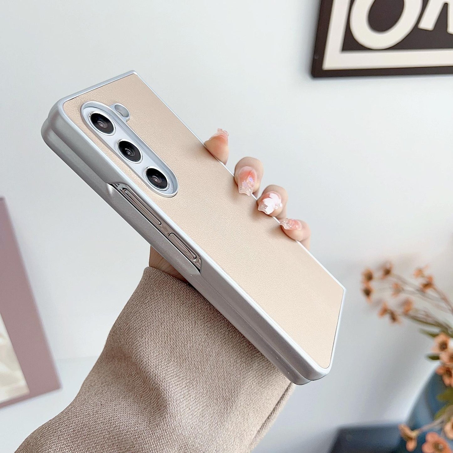 For Samsung Galaxy Z Fold4 5G Shiny Leather Phone Case With Metallic Finish - Pink