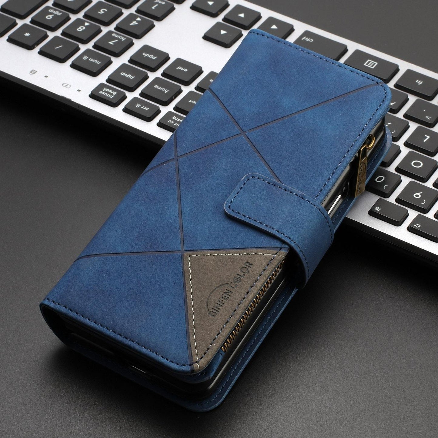 For Samsung Galaxy Z Fold4 5G Leather Zip Wallet With Rhombus Texture - Black