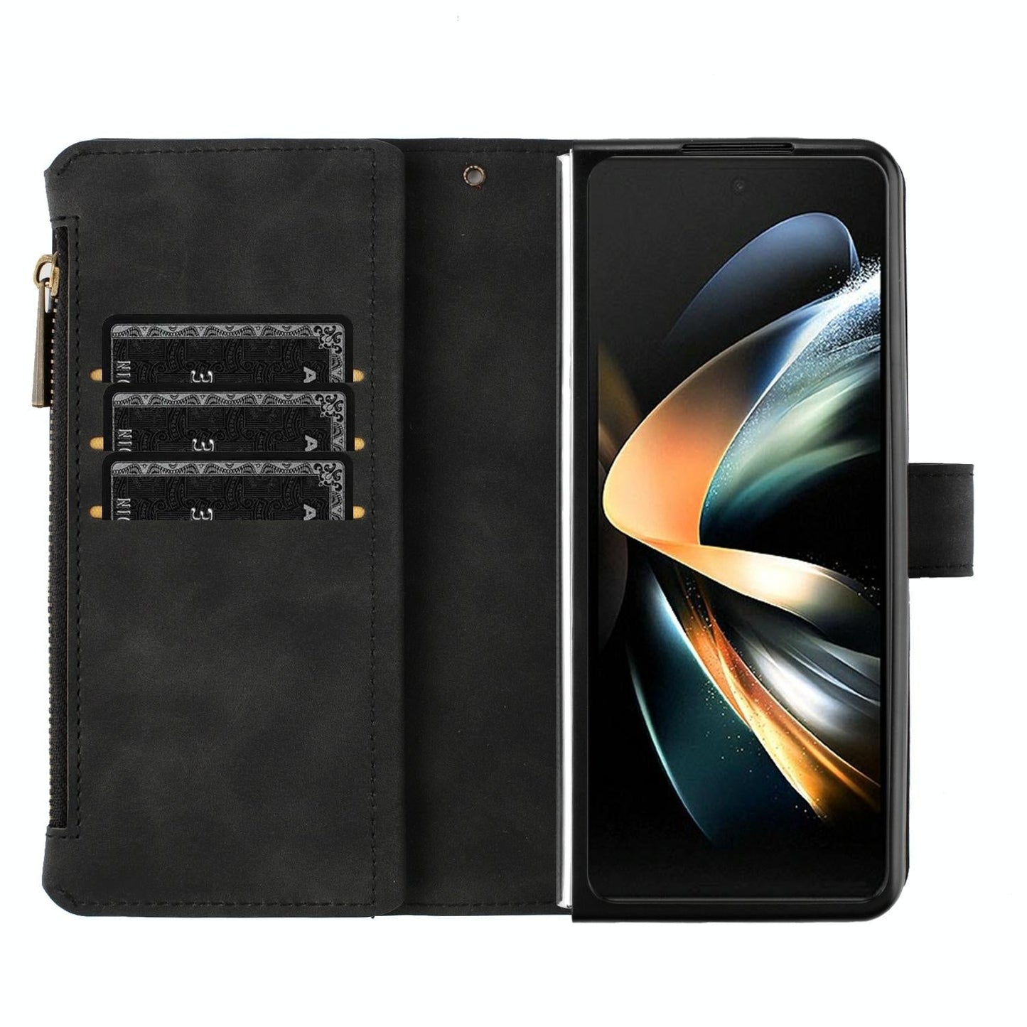 For Samsung Galaxy Z Fold4 5G Leather Zip Wallet With Rhombus Texture - Black