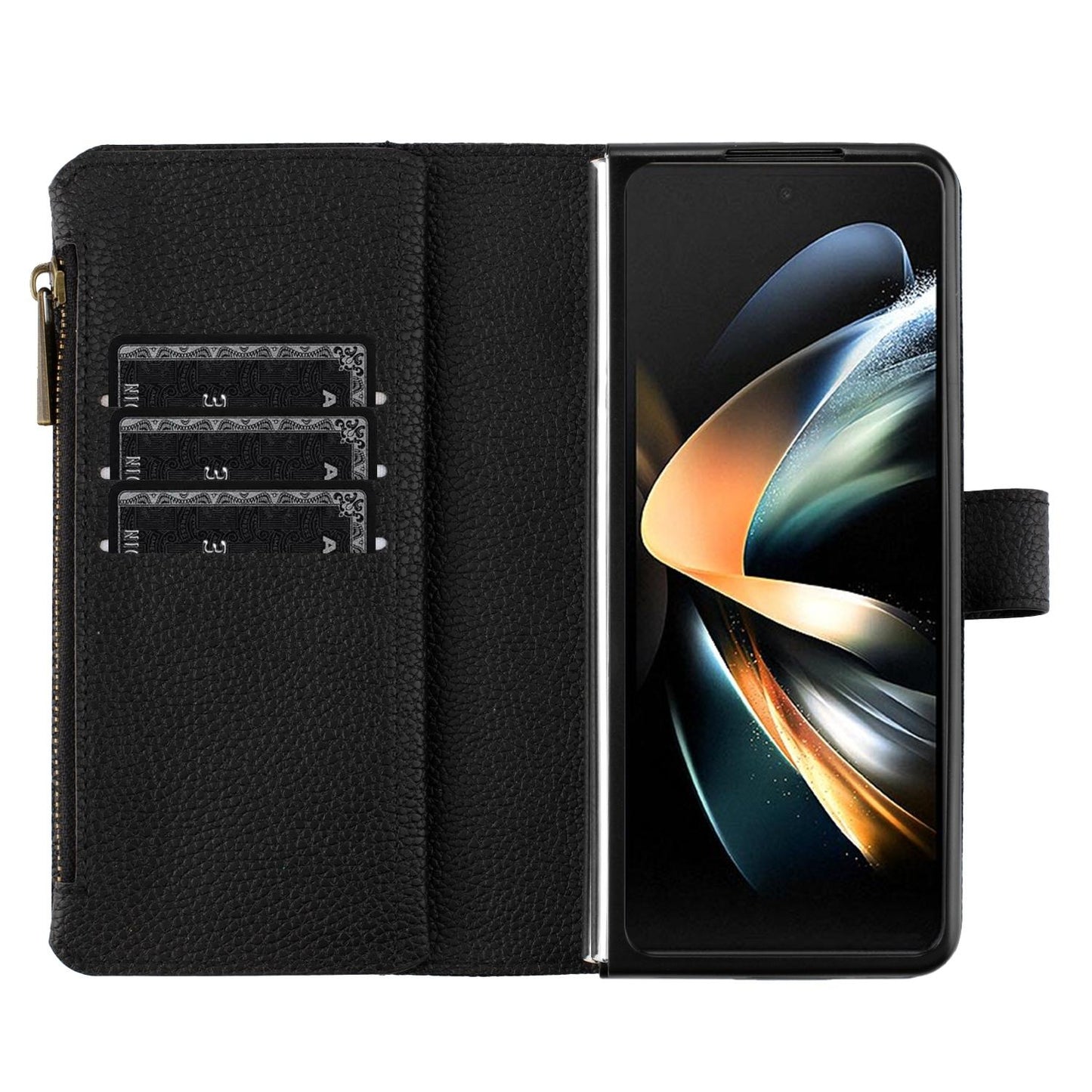 For Samsung Galaxy Z Fold4 5G Litchi Texture Zip Wallet - Black