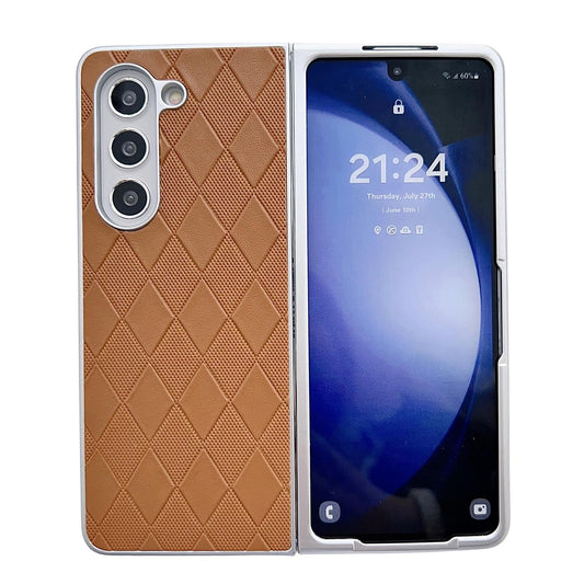 For Samsung Galaxy Z Fold4 5G Checkered Leather Phone Case With Pearlescent Finish - Brown