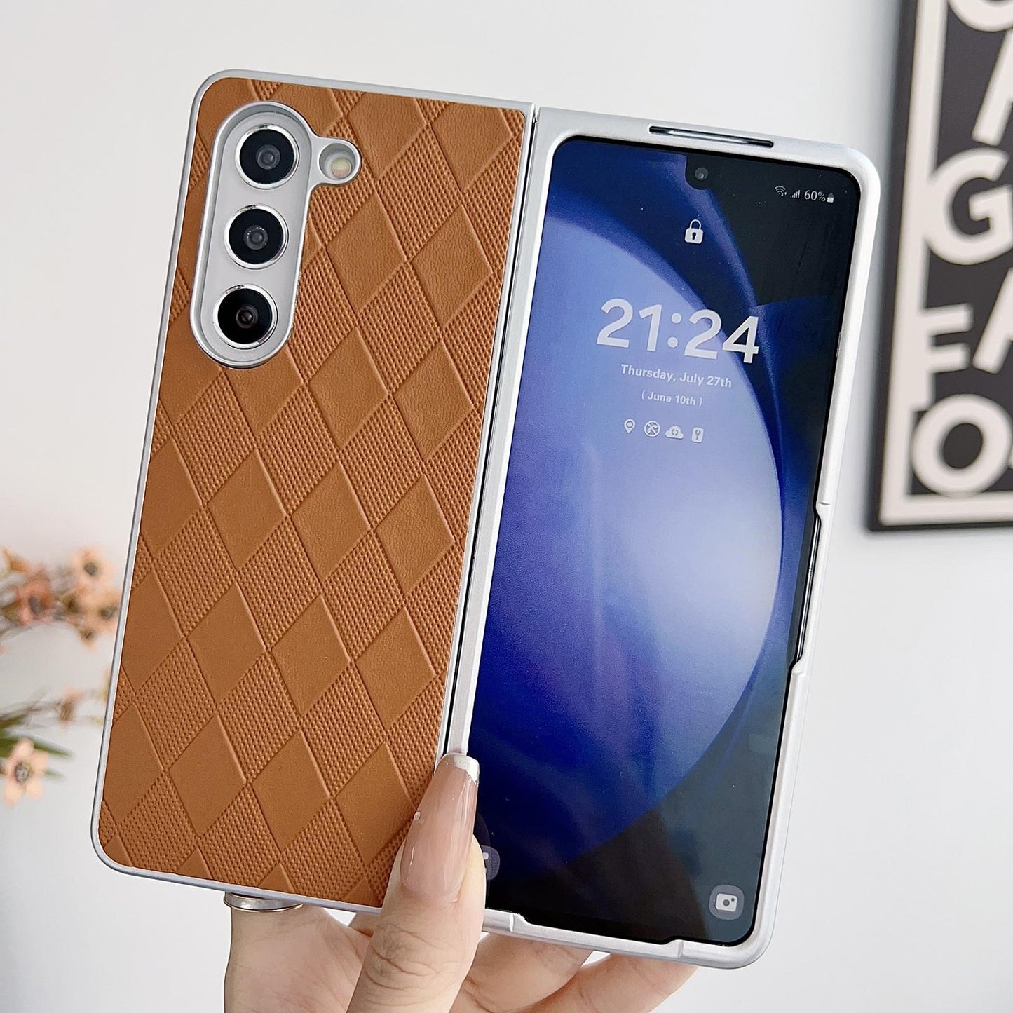 For Samsung Galaxy Z Fold4 5G Checkered Leather Phone Case With Pearlescent Finish - Brown