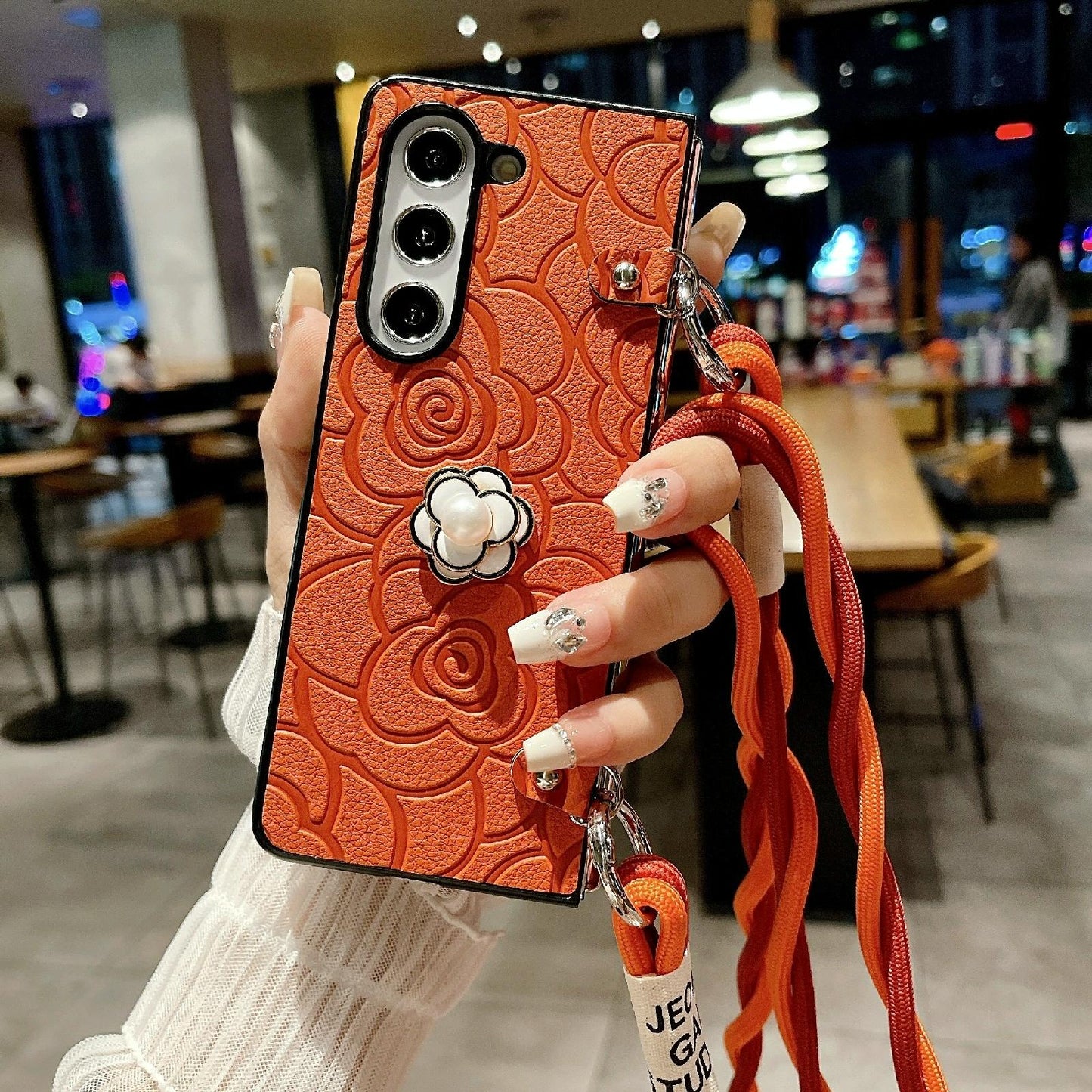 For Samsung Galaxy Z Fold4 5G Camellia Pattern Phone Case With Lanyard - White