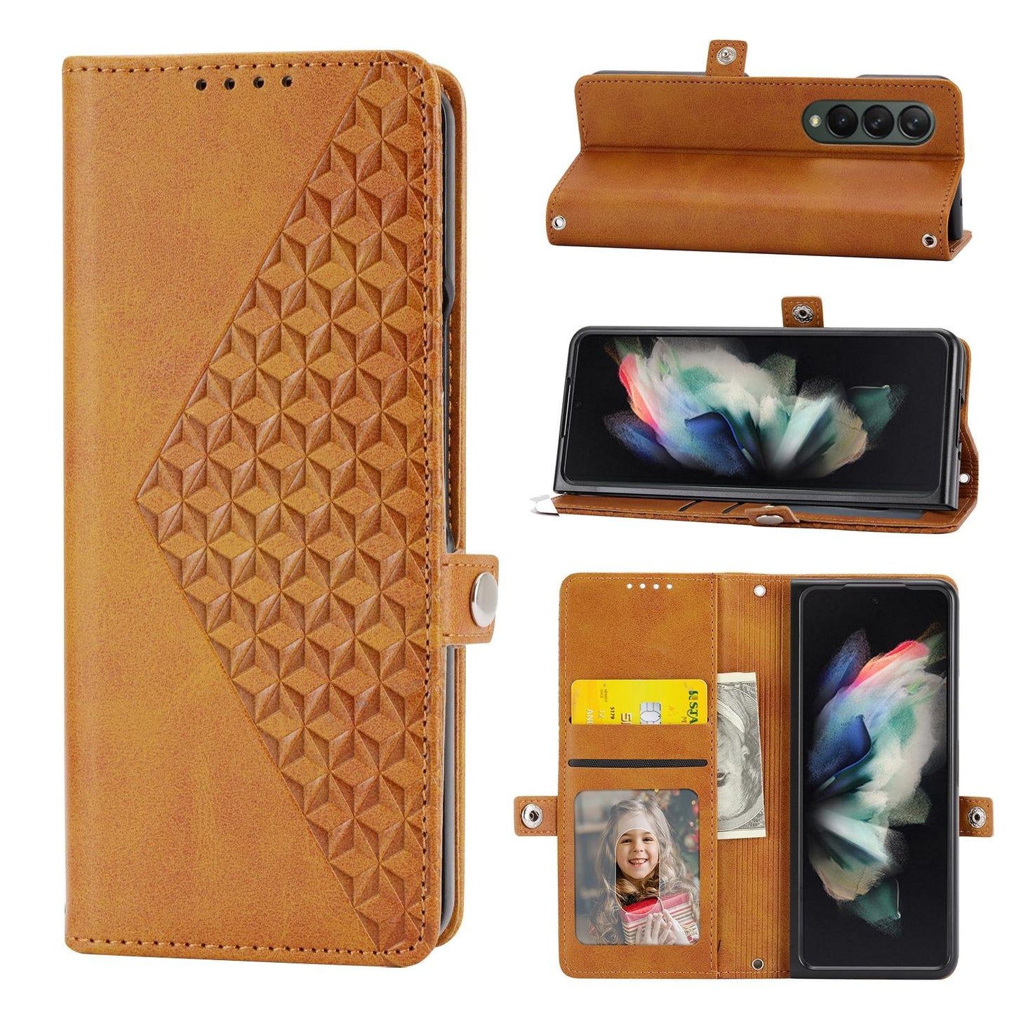 For Samsung Galaxy Z Fold4 5G Textured Leather Phone Case - Cubic Grid Design - Red