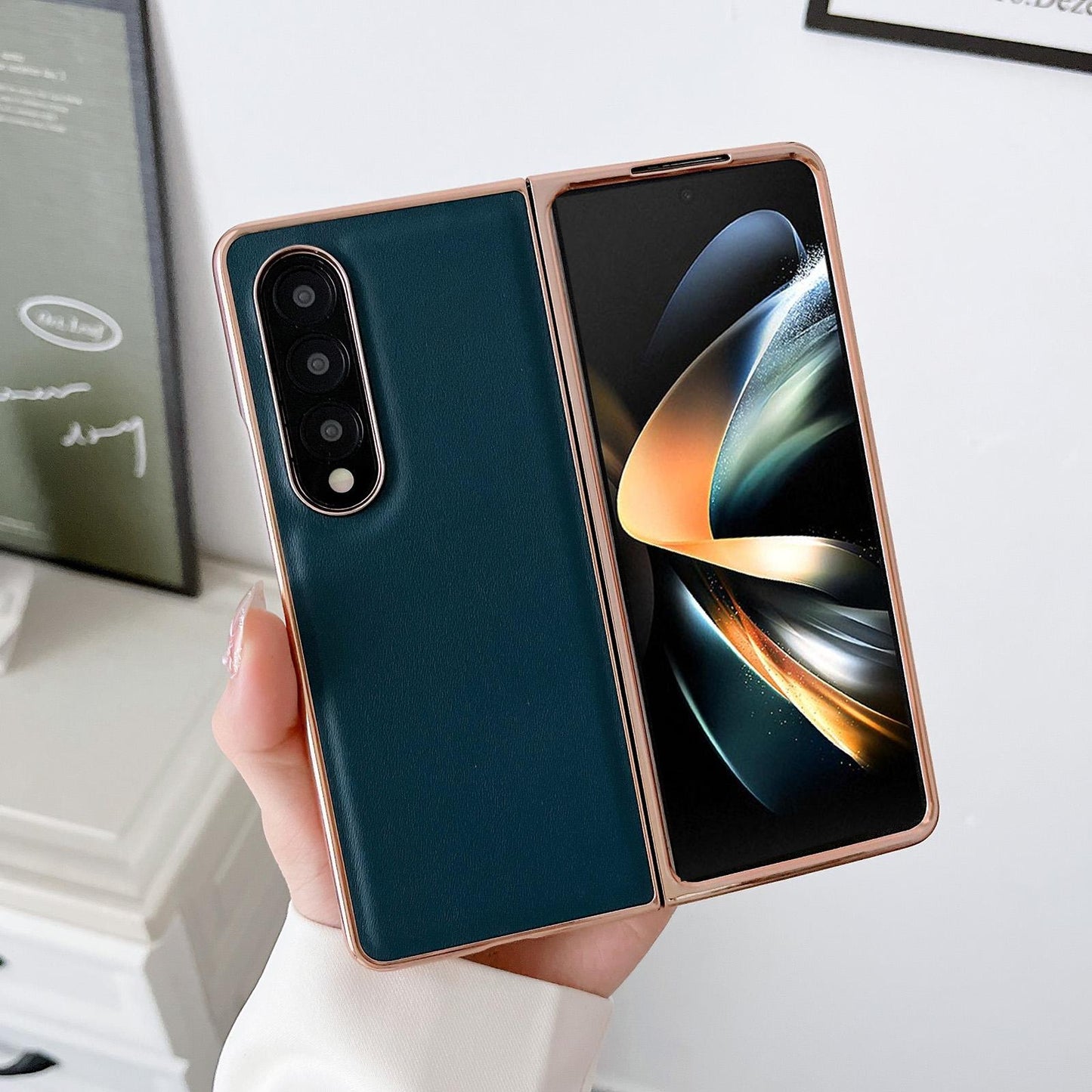 For Samsung Galaxy Z Fold4 5G Xiaoya Series Genuine Leather Plating Case - Coffee