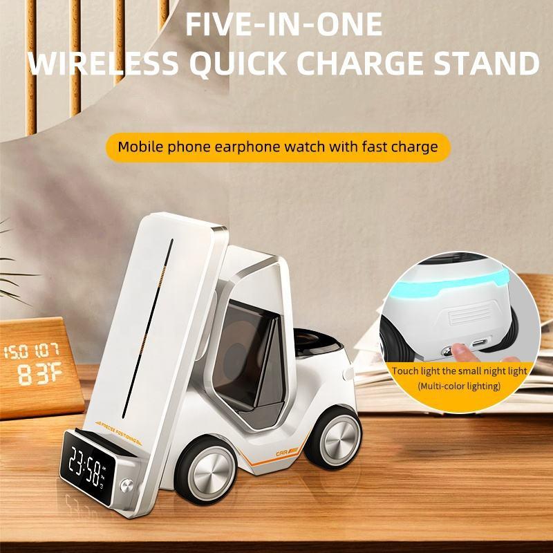 5 In 1 Car Desktop Alarm Clock With Wireless Charging - Gray