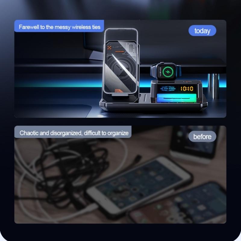 5 In 1 Magnetic Wireless Charger Stand With Clock & Speaker - White