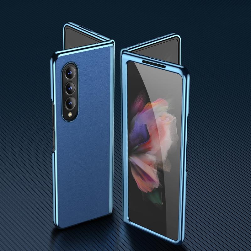For Samsung Galaxy Z Fold4 5G Leather Folding Phone Case - Electroplated Finish - Blue