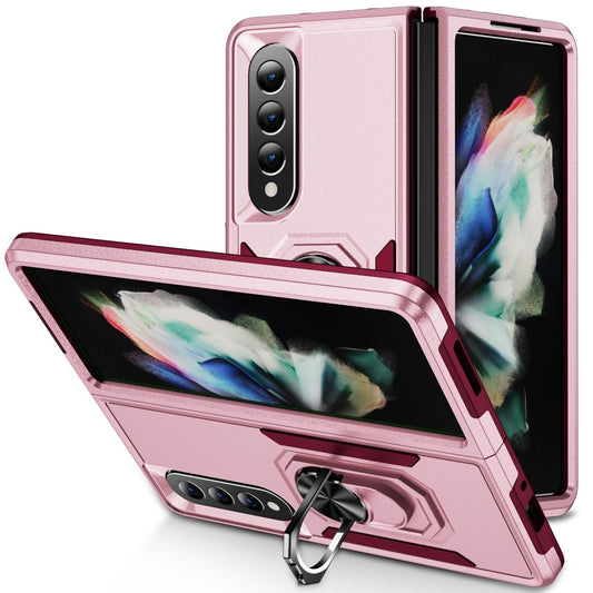 For Samsung Galaxy Z Fold4 5G Shockproof Case With Holder - Pc Tpu - Pink + Rose Red