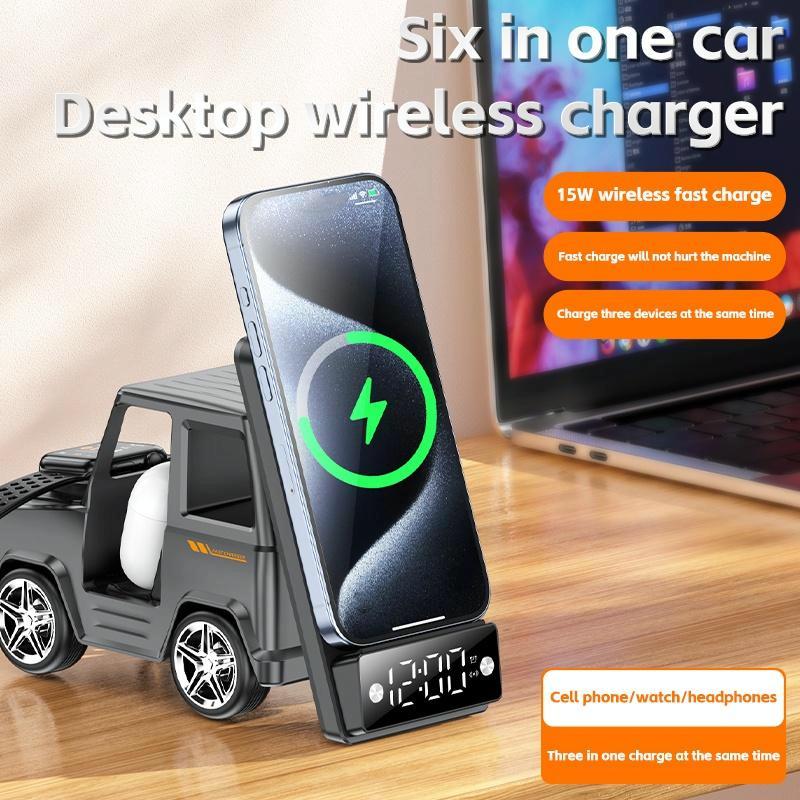 6 In 1 Car Shape Speaker With Clock & Wireless Charger - Orange