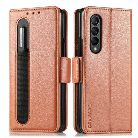 For Samsung Galaxy Z Fold4 5G Litchi Pattern Case With Pen And Card Slots - 4 - Brown