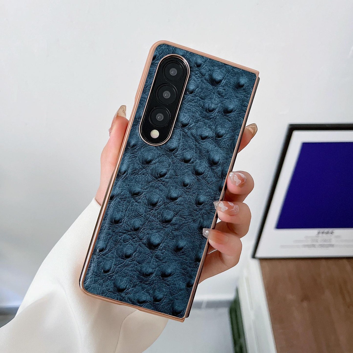 For Samsung Galaxy Z Fold4 5G Ostrich Leather Phone Case - Blue